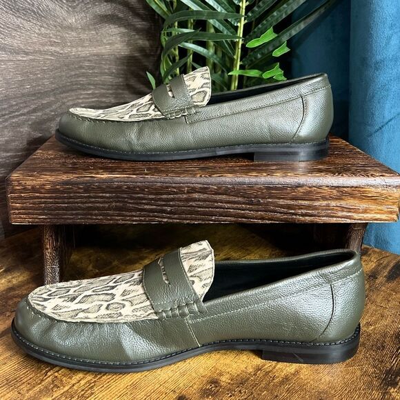 ASOS DESIGN penny loafers in green khaki leather w/faux snake print, Sz 13. NWOT - Picture 8 of 16